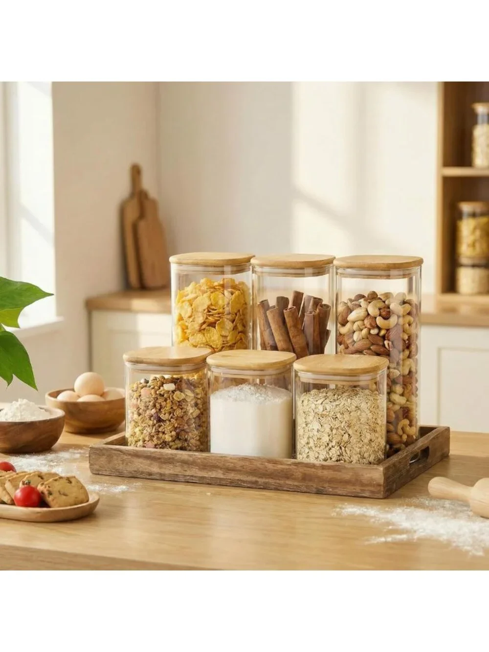 Set of 6 Square Glass Jars with Bamboo Lids - Airtight Food Storage Canisters